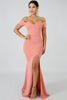 goPals full length salmon colour off-the-shoulder dress with thigh high slit. 