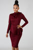 goPals fitted long sleeve burgundy dress with neck tie and peplum waist. 