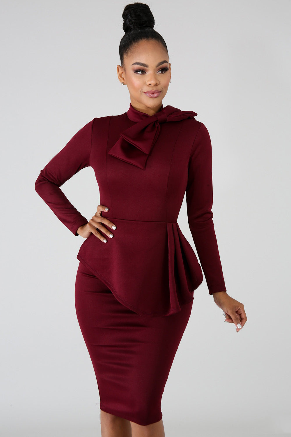 goPals fitted long sleeve burgundy dress with neck tie and peplum waist. 
