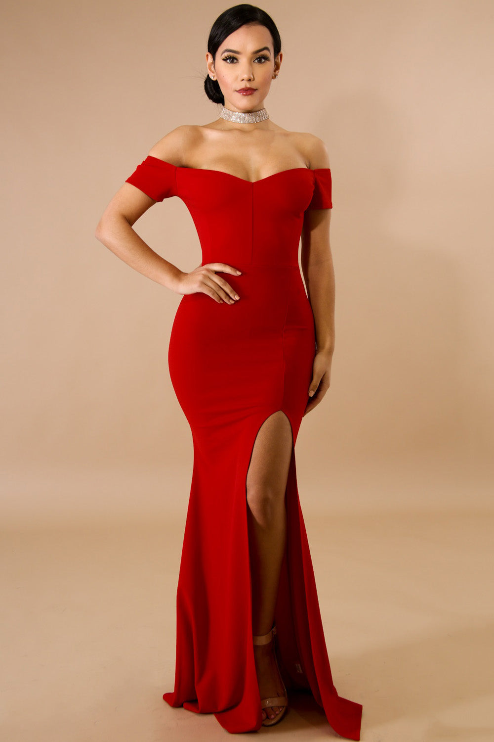 goPals full length red off-the-shoulder dress with thigh high slit. 