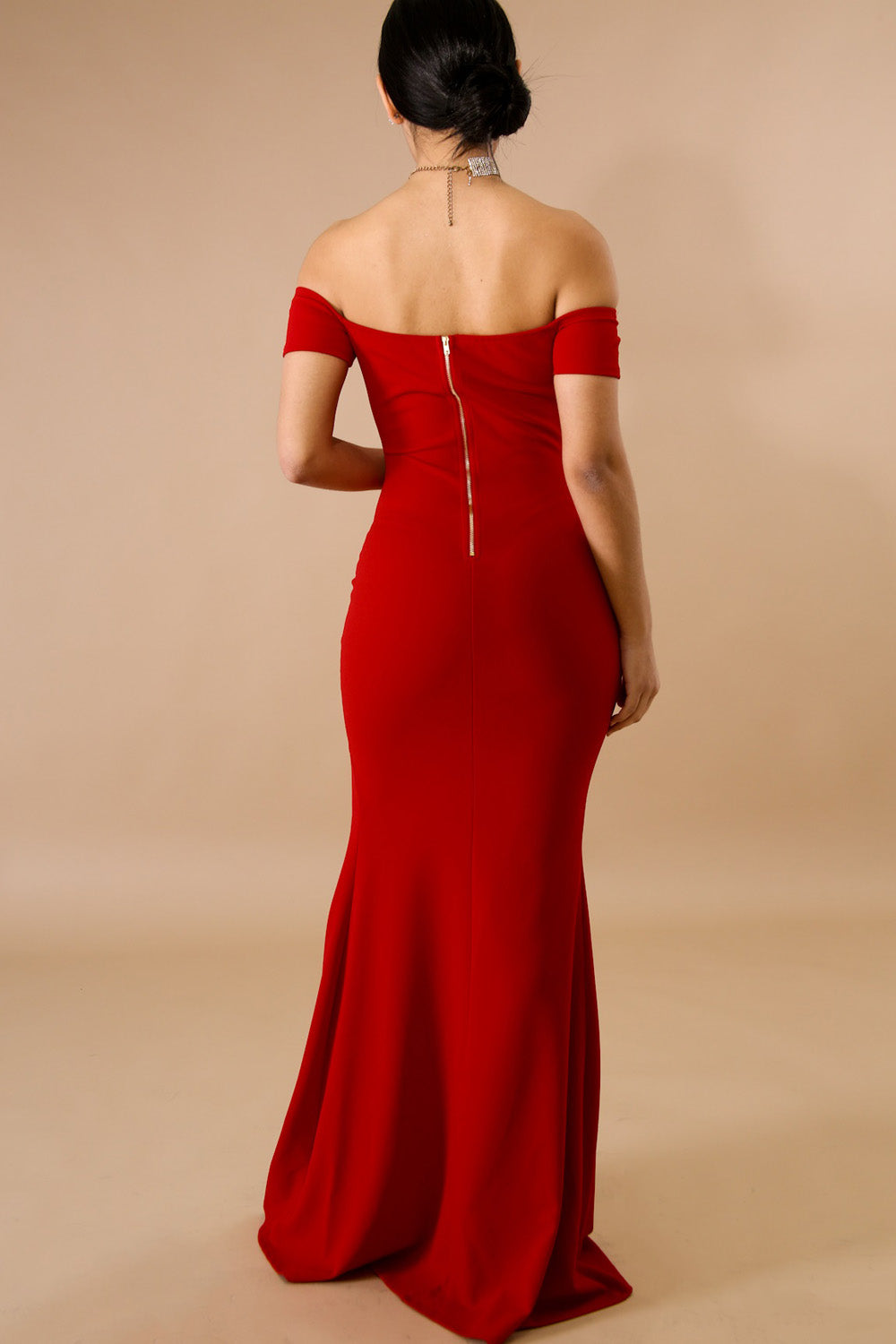 goPals full length red off-the-shoulder dress with thigh high slit. 