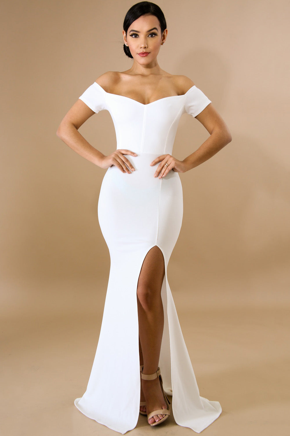 goPals full length white off-the-shoulder dress with thigh high slit. 