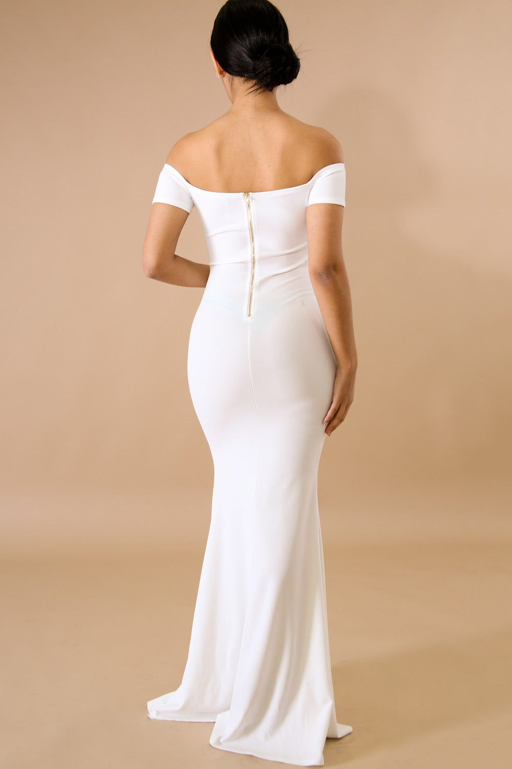 goPals full length white off-the-shoulder dress with thigh high slit. 