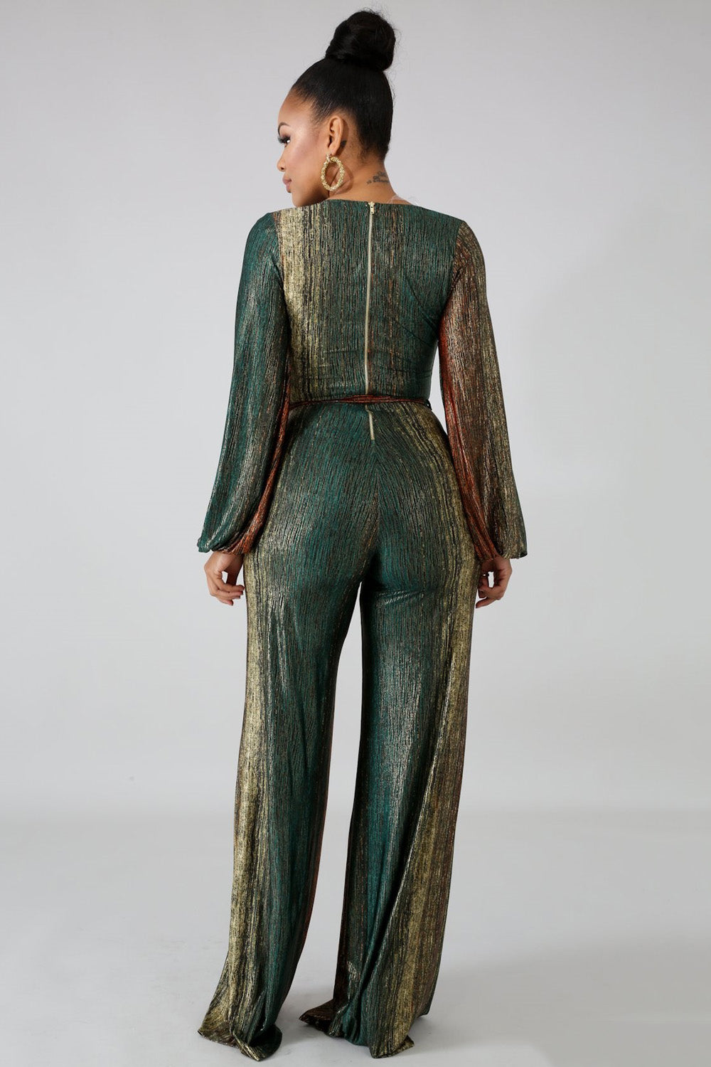 goPals long sleeve green stripe jumpsuit with cross-over front and wide leg pant. 