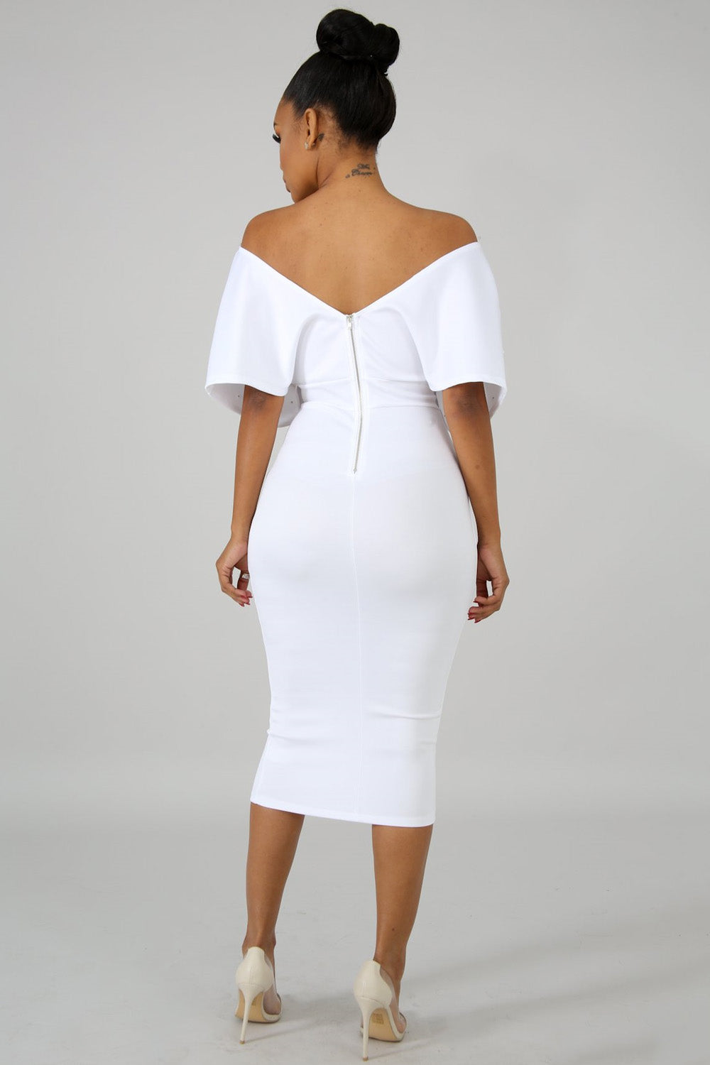 goPals fitted white midi length dress with off-the-shoulder neckline and large bow. 