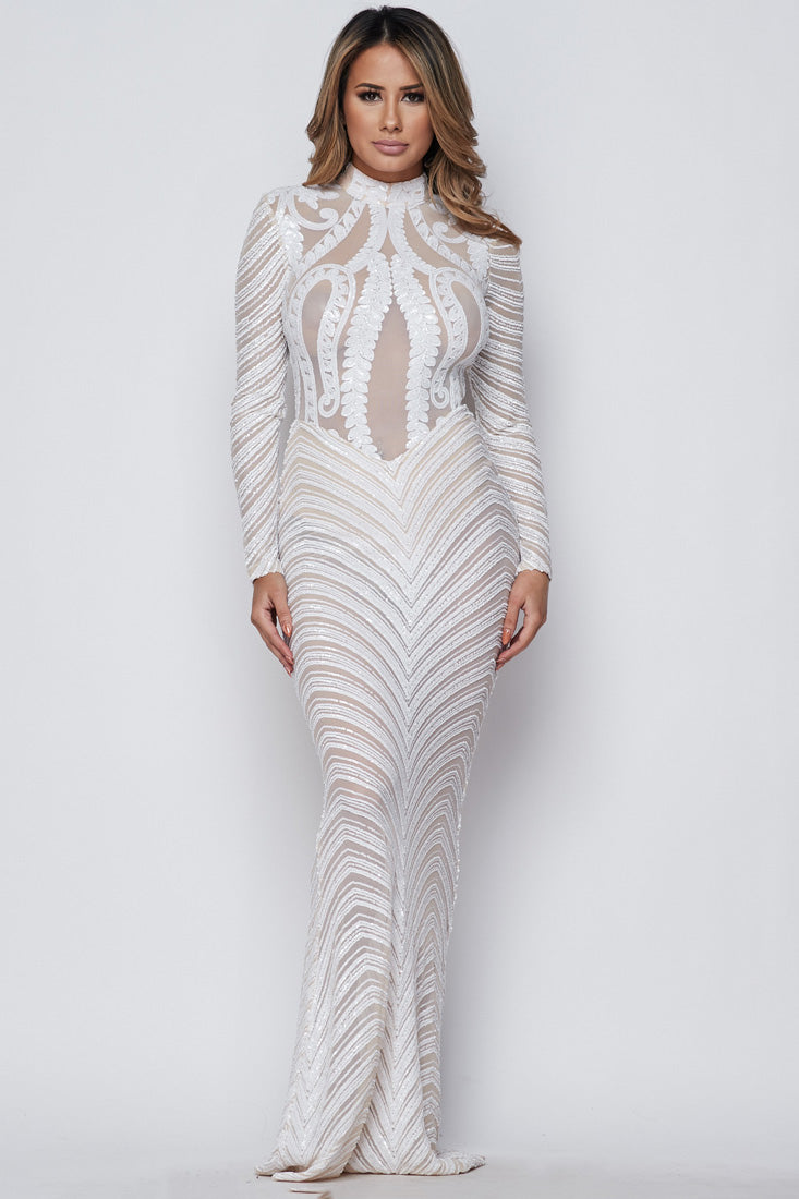 goPals long sleeve white mermaid dress with open back. 