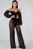 goPals black 2-piece mesh set with tie front top and wide leg pants.