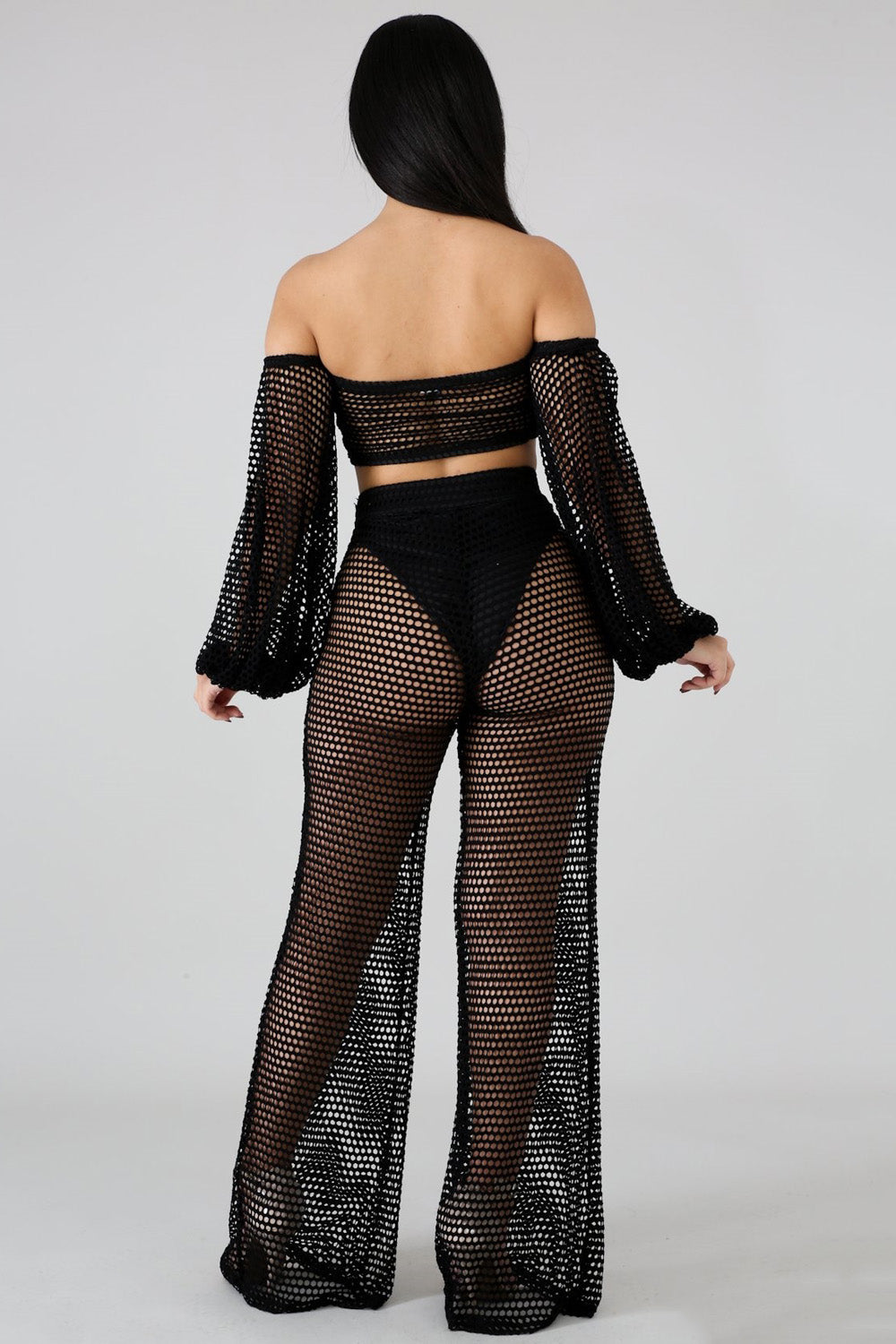 goPals black 2-piece mesh set with tie front top and wide leg pants.