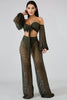 goPals khaki 2-piece mesh set with tie front top and wide leg pants.