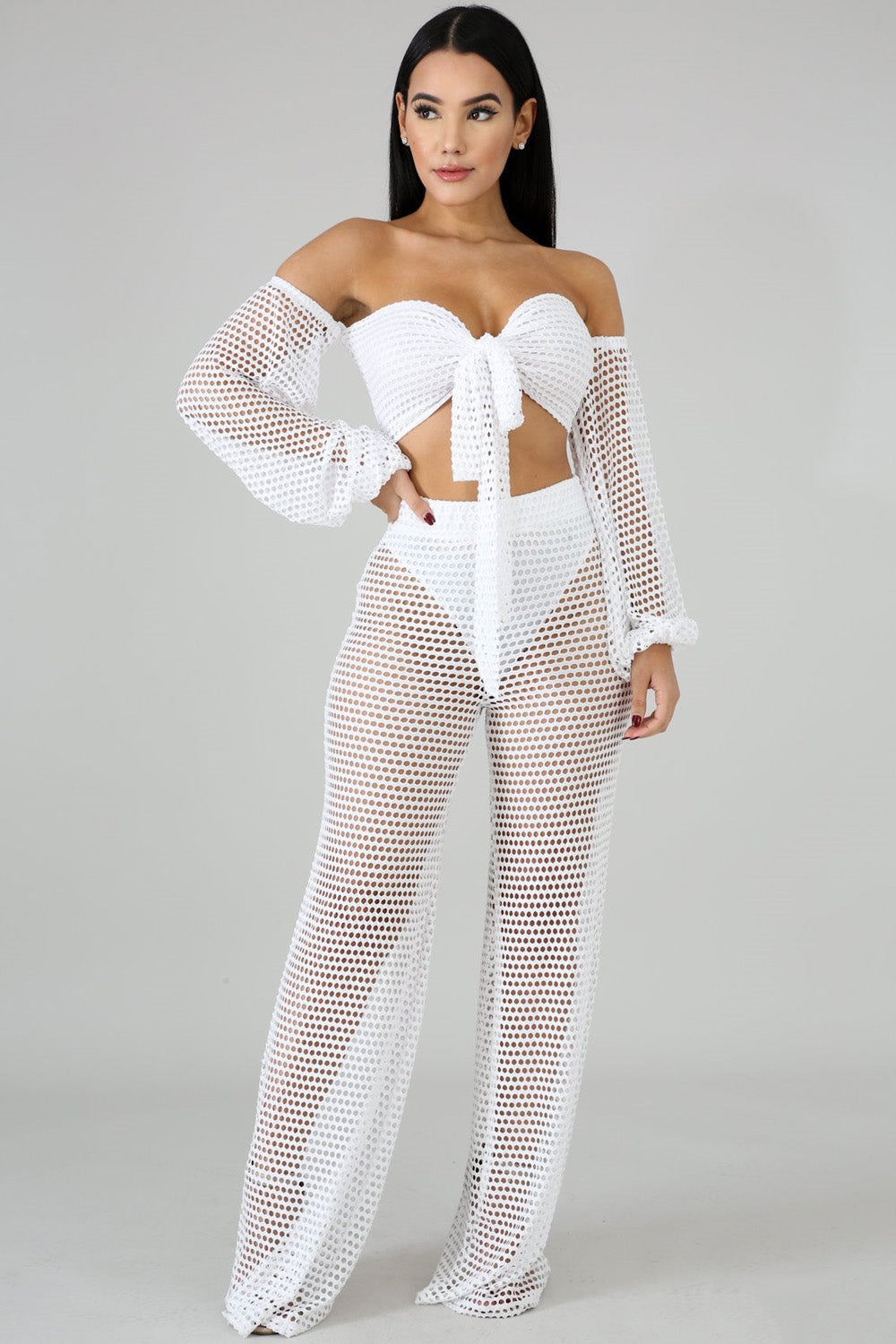 goPals white 2-piece mesh set with tie front top and wide leg pants. 