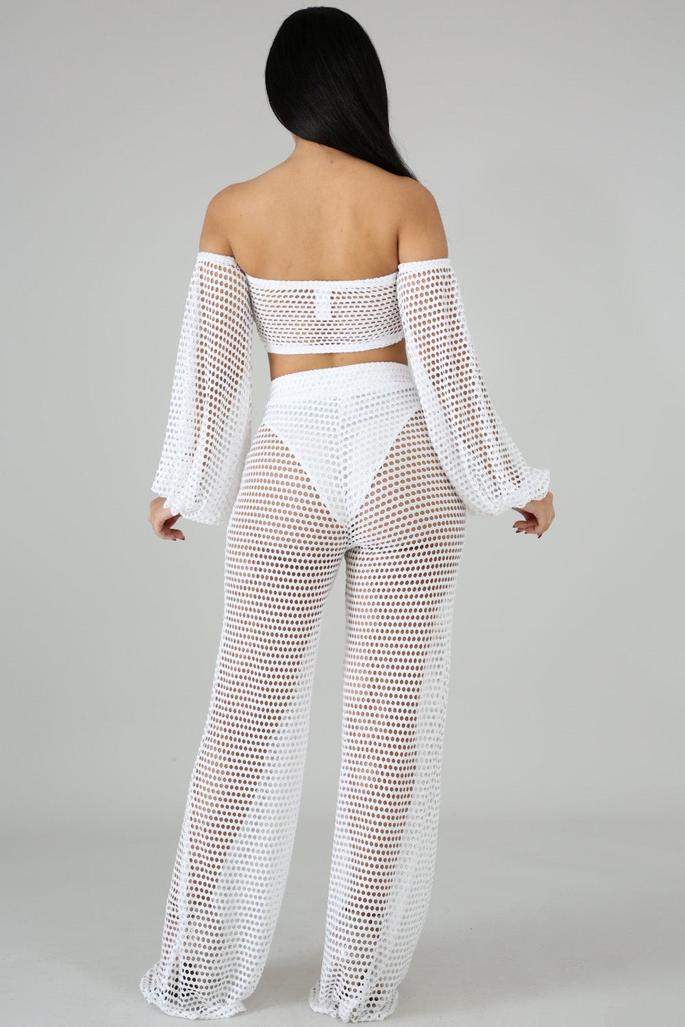 goPals white 2-piece mesh set with tie front top and wide leg pants.