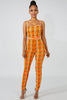 goPals fitted slim leg orange plaid jumpsuit with lace-up back. 