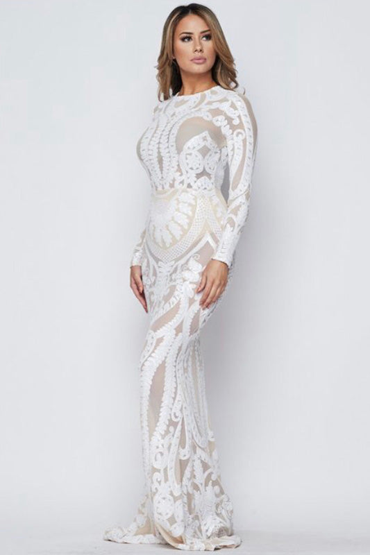 goPals long sleeve white sheer lace mermaid dress. 