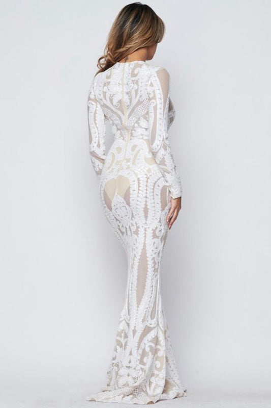 goPals long sleeve white sheer lace mermaid dress. 