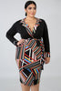 goPals long sleeve plus size faux wrap dress with bold skirt. 
