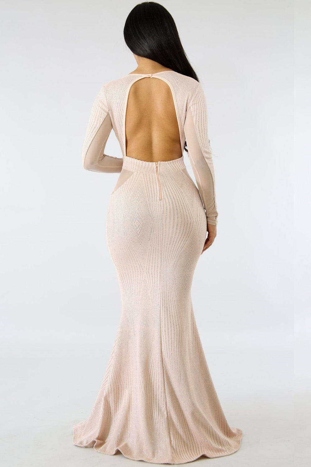 goPals full length beige long sleeve mermaid dress with deep vee neckline and open back. 