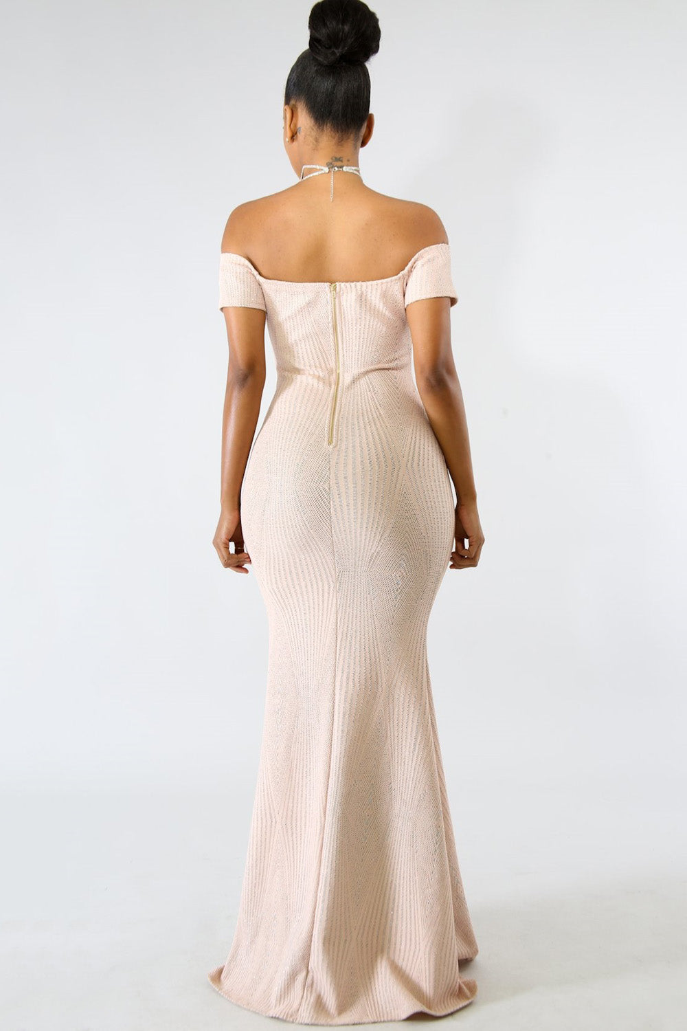 goPals floor length dress with off-the-shoulder neckline and mid-thigh high slit