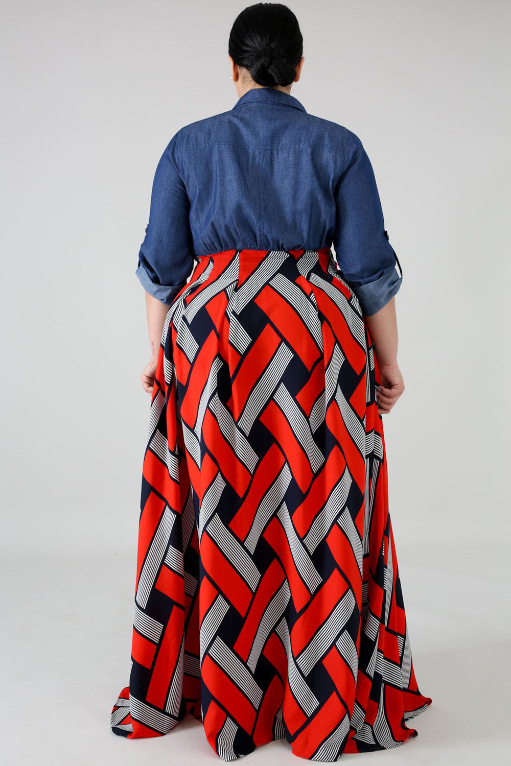 goPals plus size maxi dress with denim shirt and red printed flowy skirt. 
