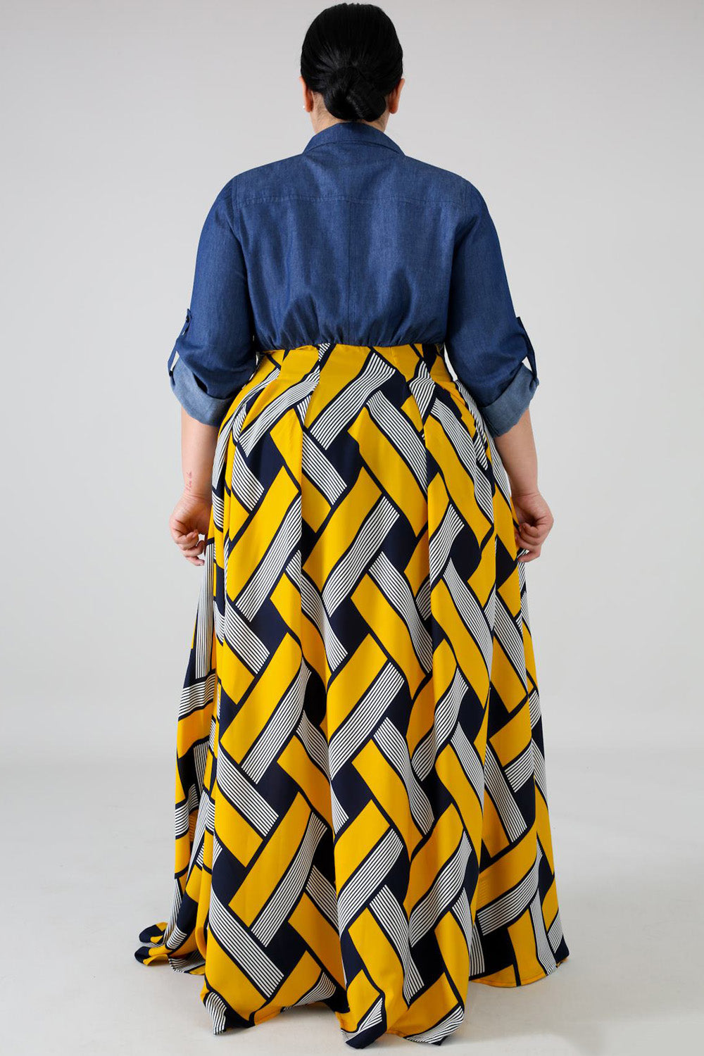 goPals plus size maxi dress with denim shirt and yellow printed flowy skirt. 