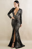 goPals fitted long sleeve floor length black and silver dress with plunge neckline and open back. 