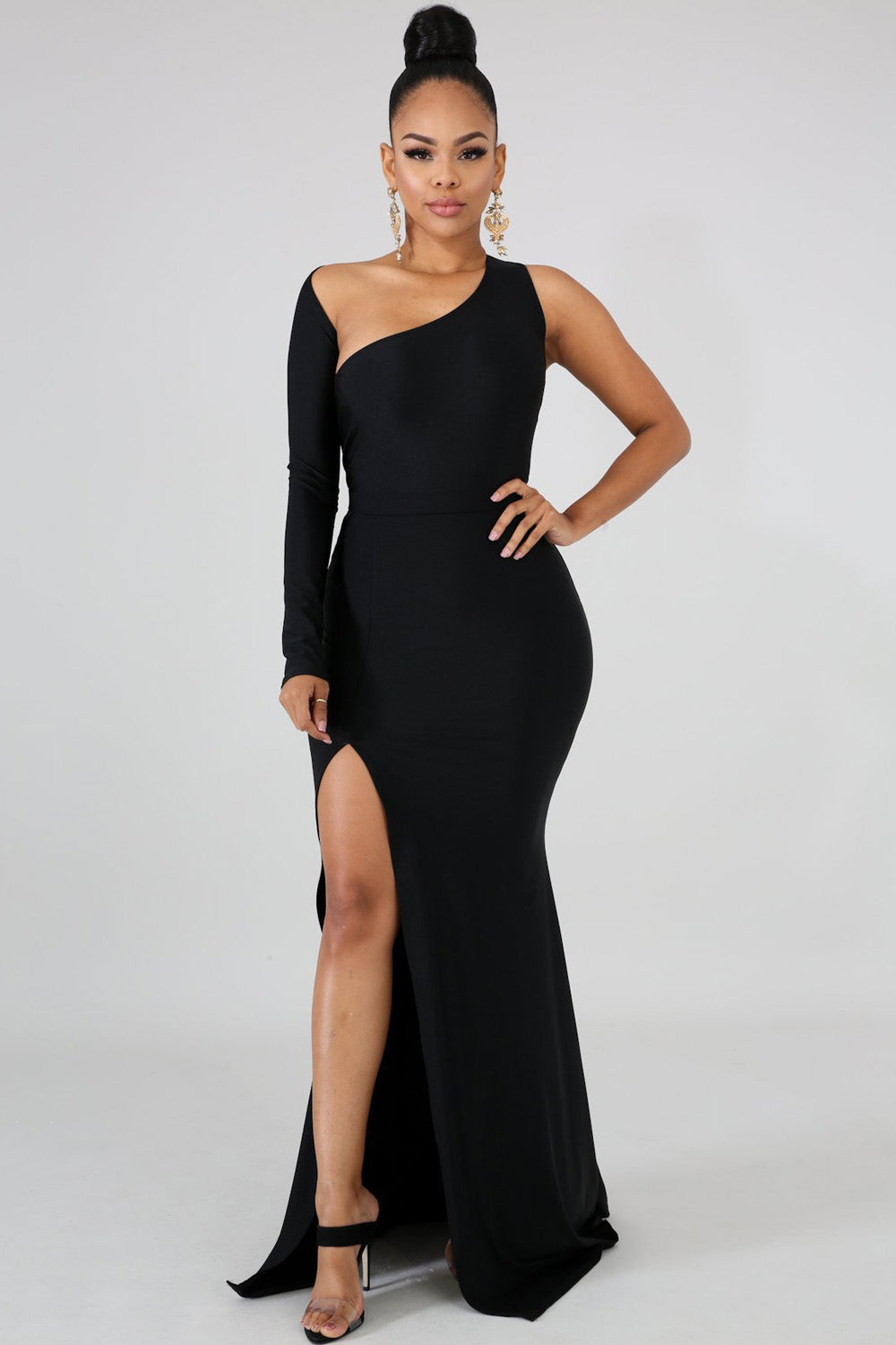 goPals full length black dress with single long sleeve, open back and thigh high slit. 