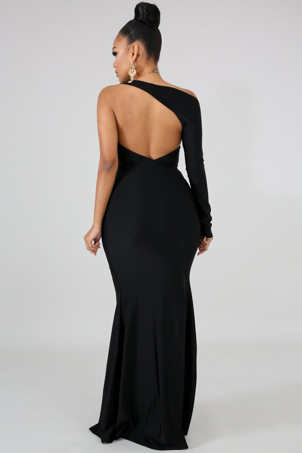 goPals full length black dress with single long sleeve, open back and thigh high slit. 