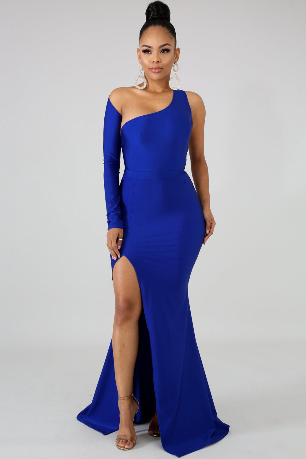 goPals full length royal blue dress with single long sleeve, open back and thigh high slit. 