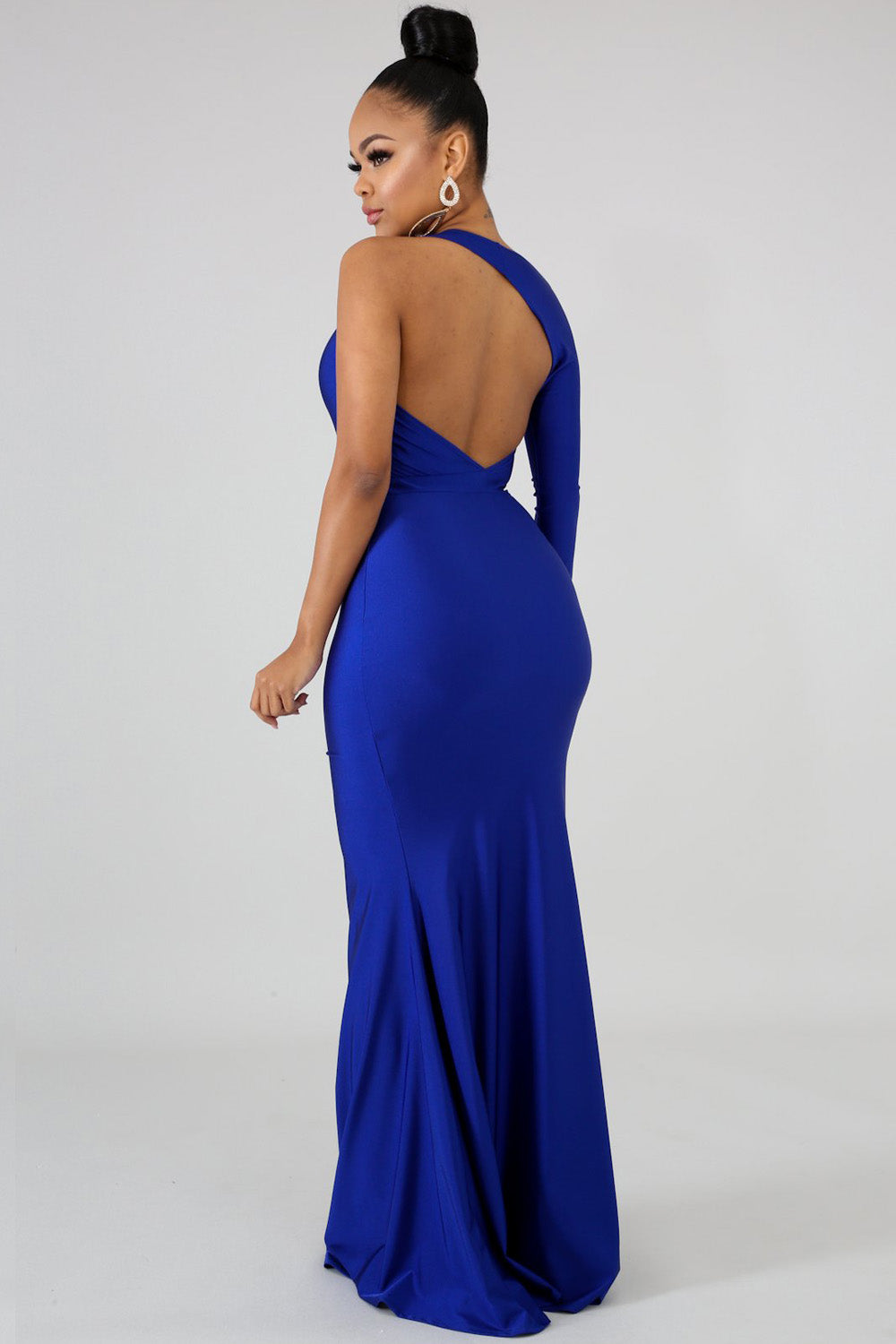 goPals full length royal blue dress with single long sleeve, open back and thigh high slit. 