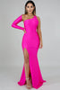 goPals full length hot pink dress with single long sleeve, open back and thigh high slit. 