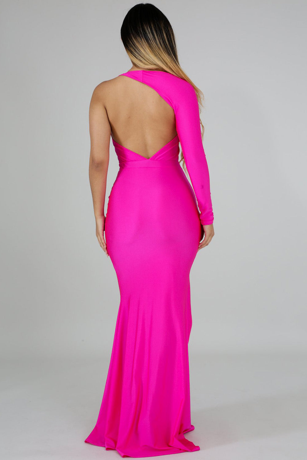 goPals full length hot pink dress with single long sleeve, open back and thigh high slit. 