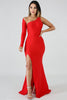 goPals full length red dress with single long sleeve, open back and thigh high slit. 