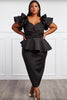 goPals black plus size dress with ruffle shoulder and peplum waist. 