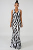 goPals fitted floor length mermaid dress with all over black and white sequins. 