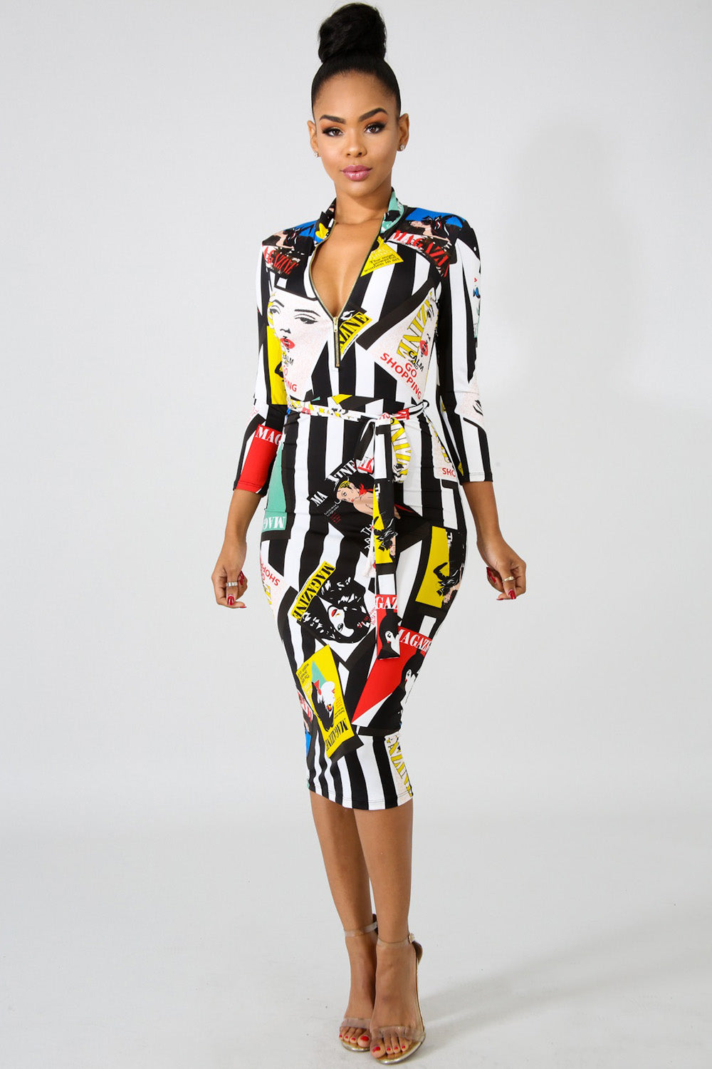 goPals fitted long sleeve midi dress with zip up neckline. 