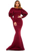 goPals fitted floor length mermaid dress with puff sleeve and low back. 