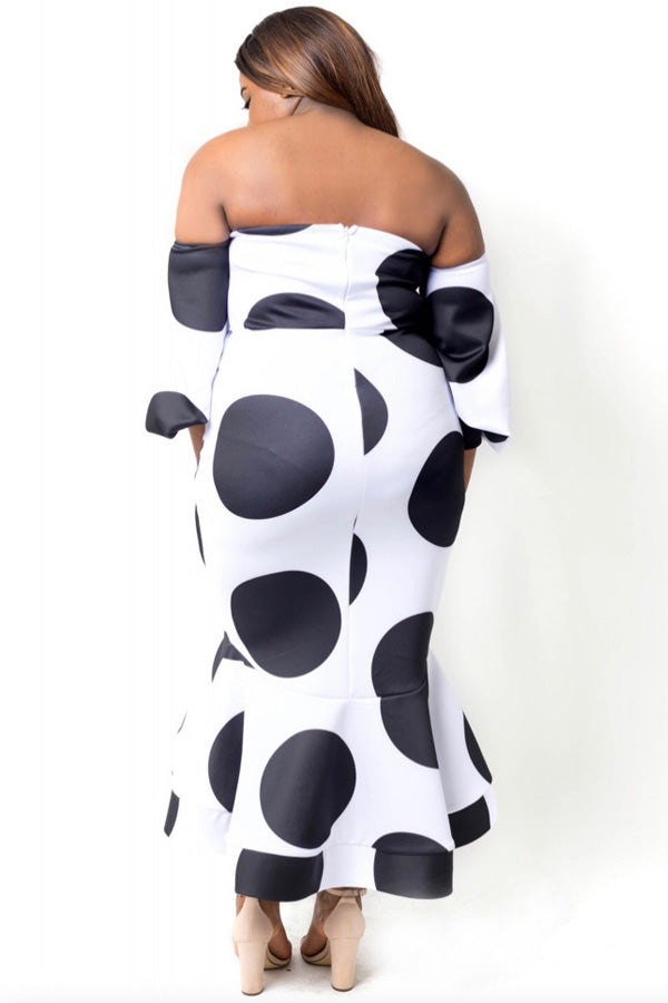 goPals off-the-shoulder polka dot plus size dress with flared hem. 