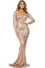 goPals full length rose gold mermaid gown with off-the-shoulder neckline. 