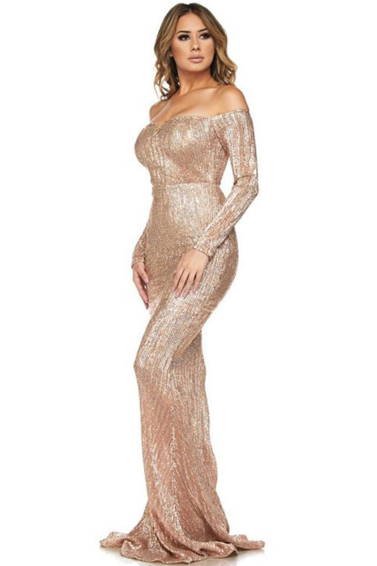 goPals full length rose gold mermaid gown with off-the-shoulder neckline. 