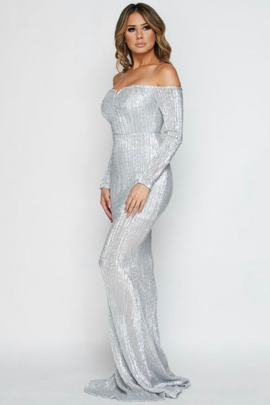 goPals full length silver mermaid gown with off-the-shoulder neckline. 