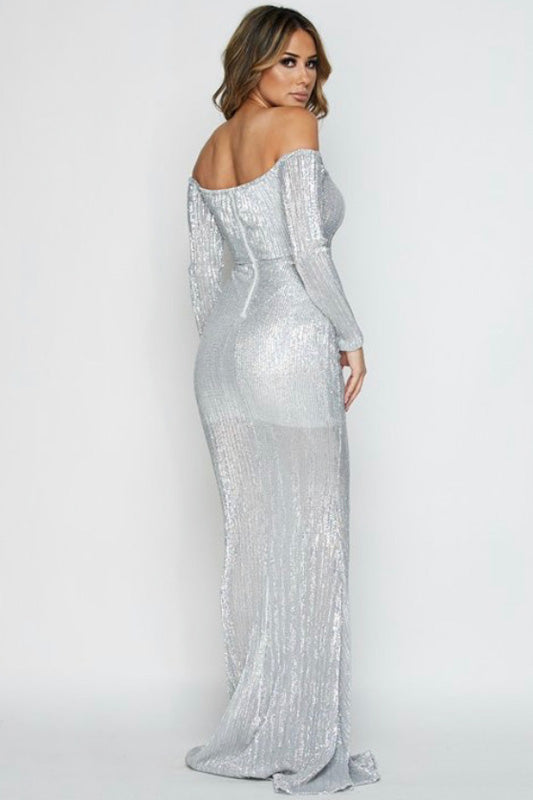 goPals full length silver mermaid gown with off-the-shoulder neckline. 