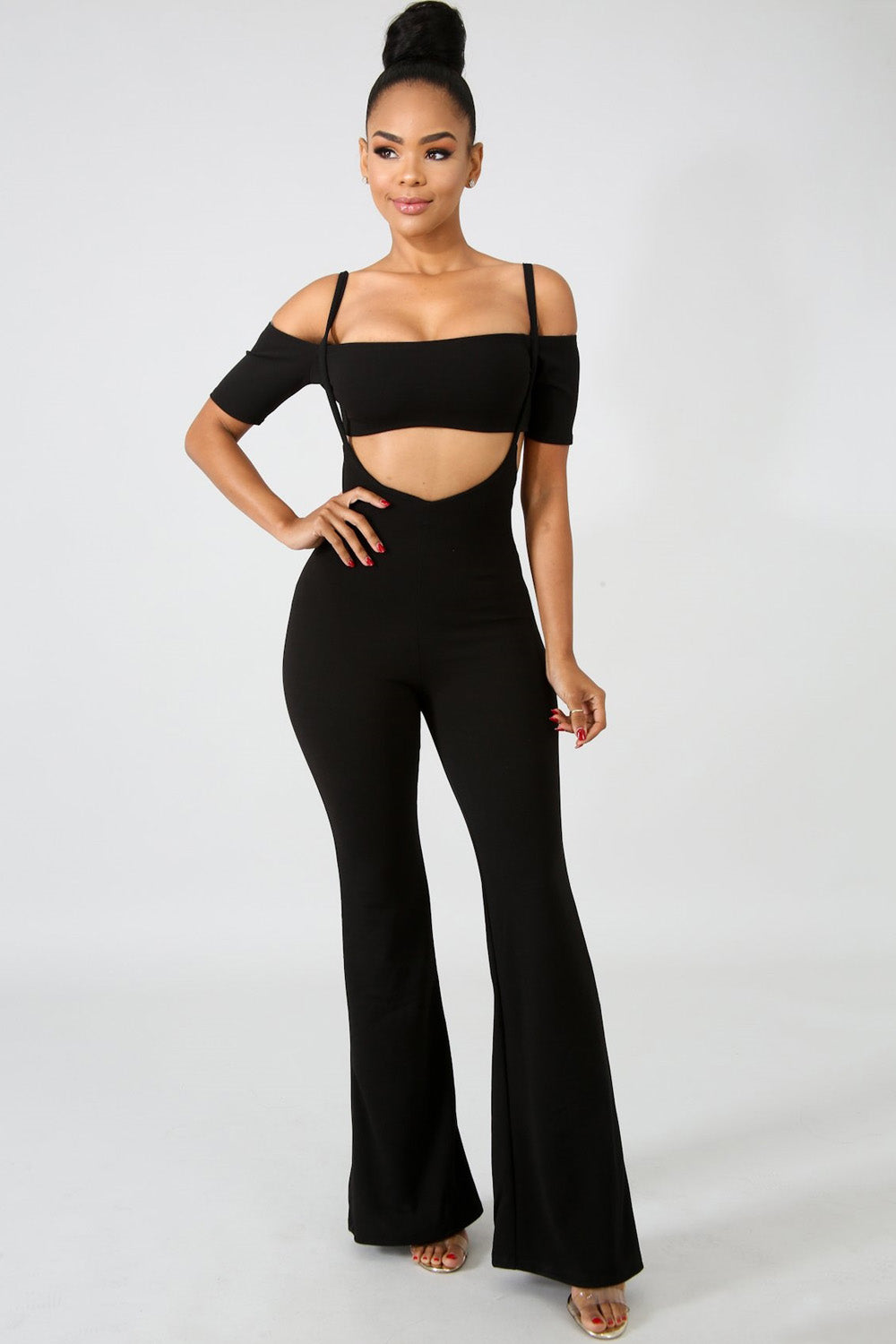 goPals black jumpsuit with bandeau top and flare legs. 