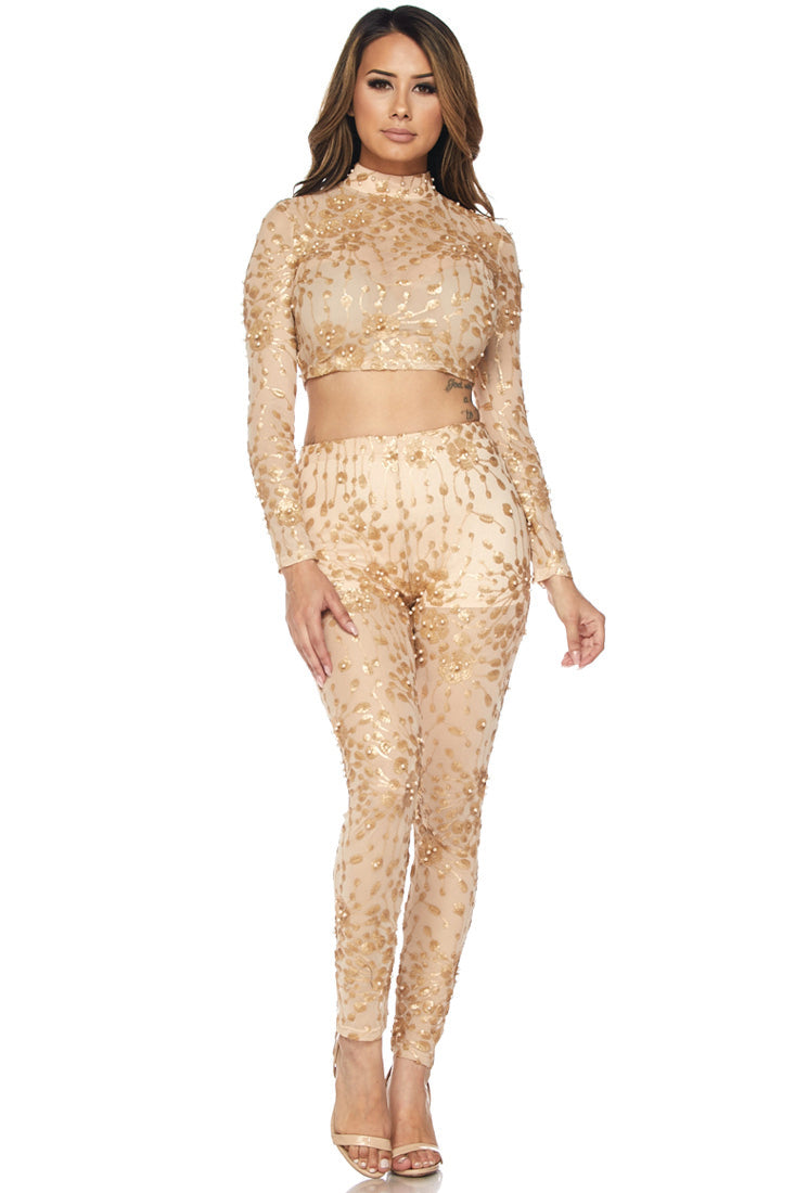 goPals two piece gold set with long sleeve crop top and fitted pants. 