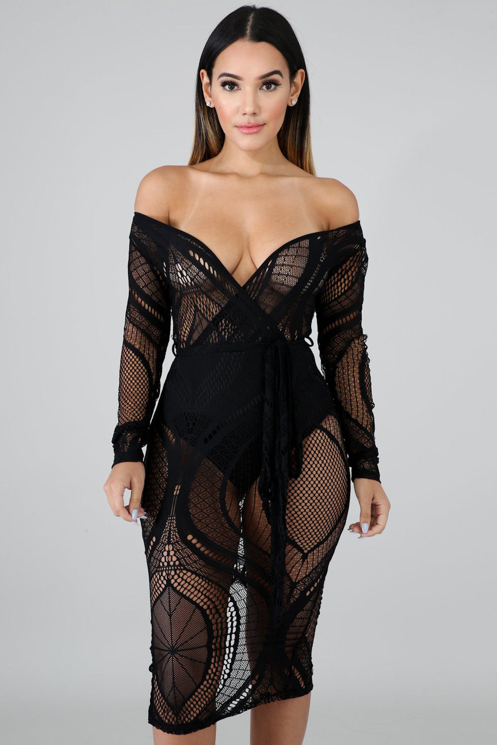 goPals sexy off the shoulder black sheer lace dress. 