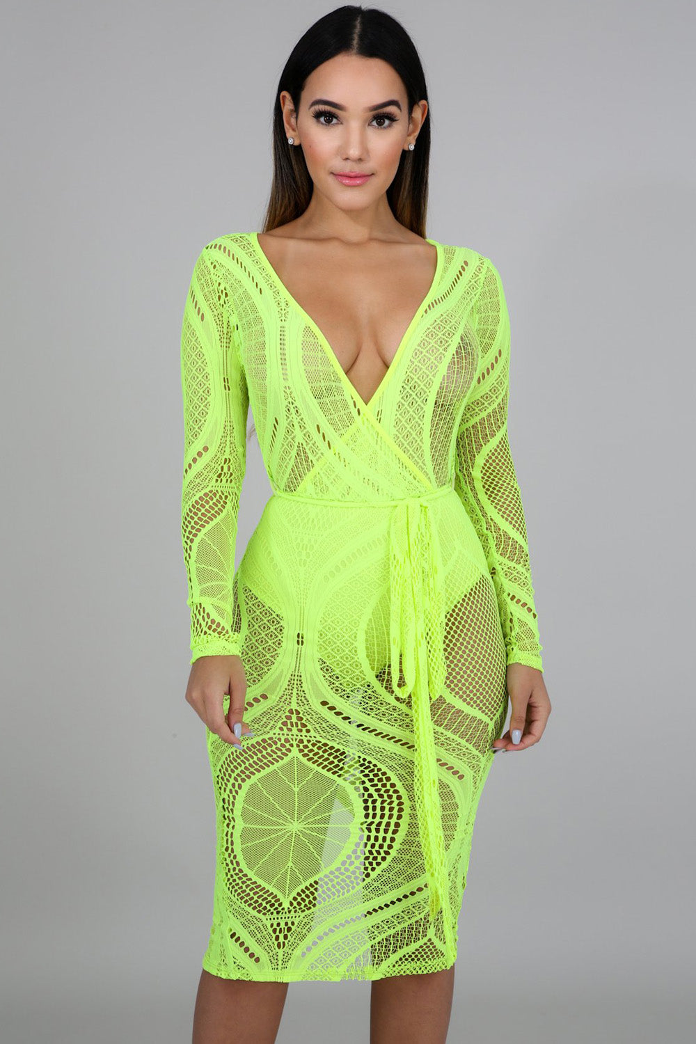 goPals sexy off the shoulder neon green sheer lace dress. 
