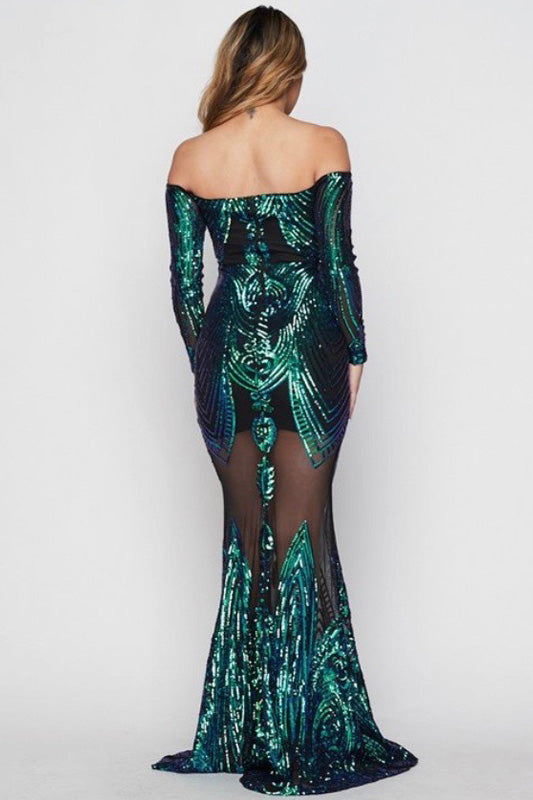 goPals full length green and blue sequins mermaid gown. 
