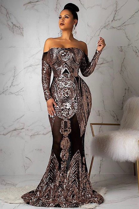 goPals full length rose gold sequins mermaid gown. 