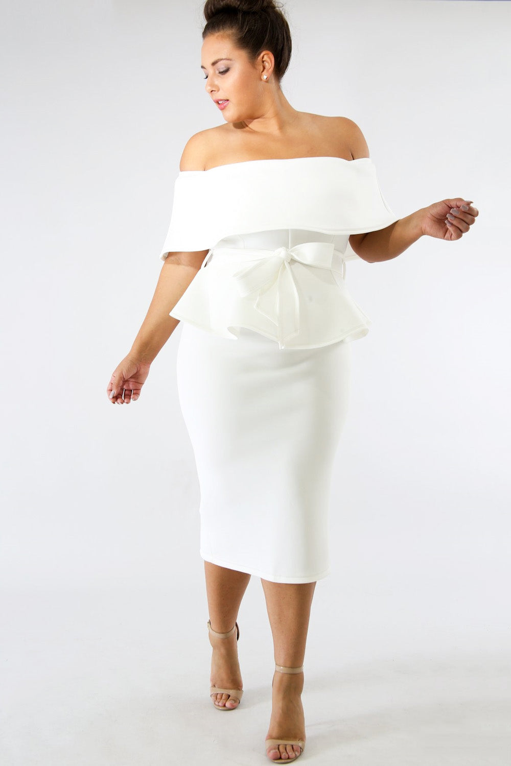 goPals white 2 piece set plus size with off-the-shoulder top and pencil skirt. 