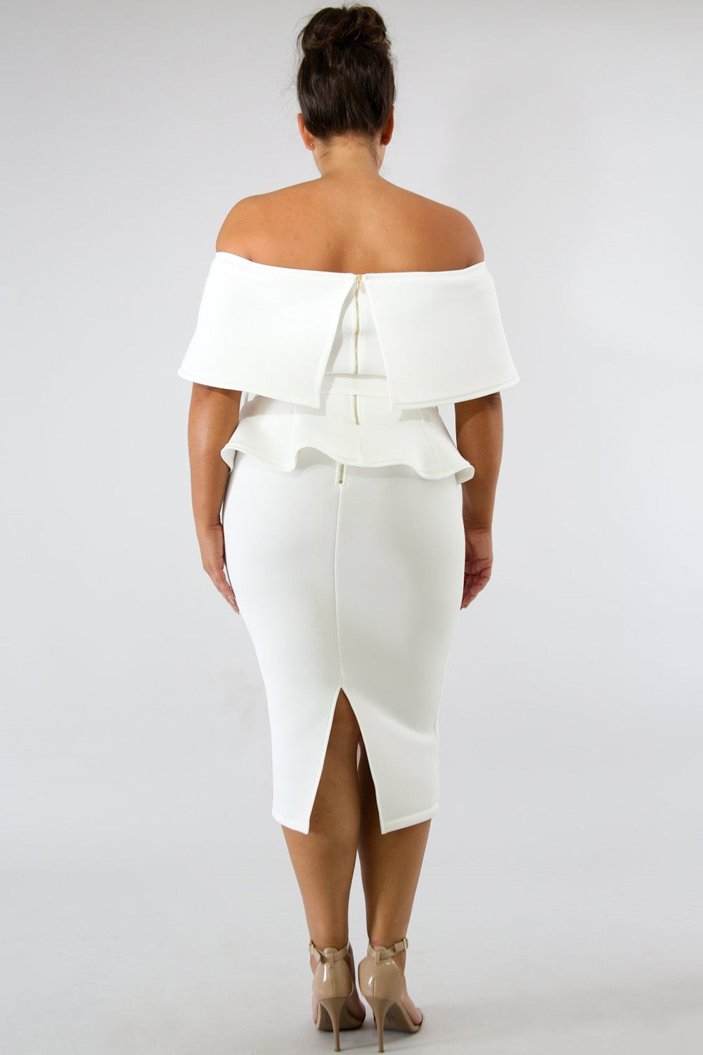 goPals white 2 piece set plus size with off-the-shoulder top and pencil skirt. 