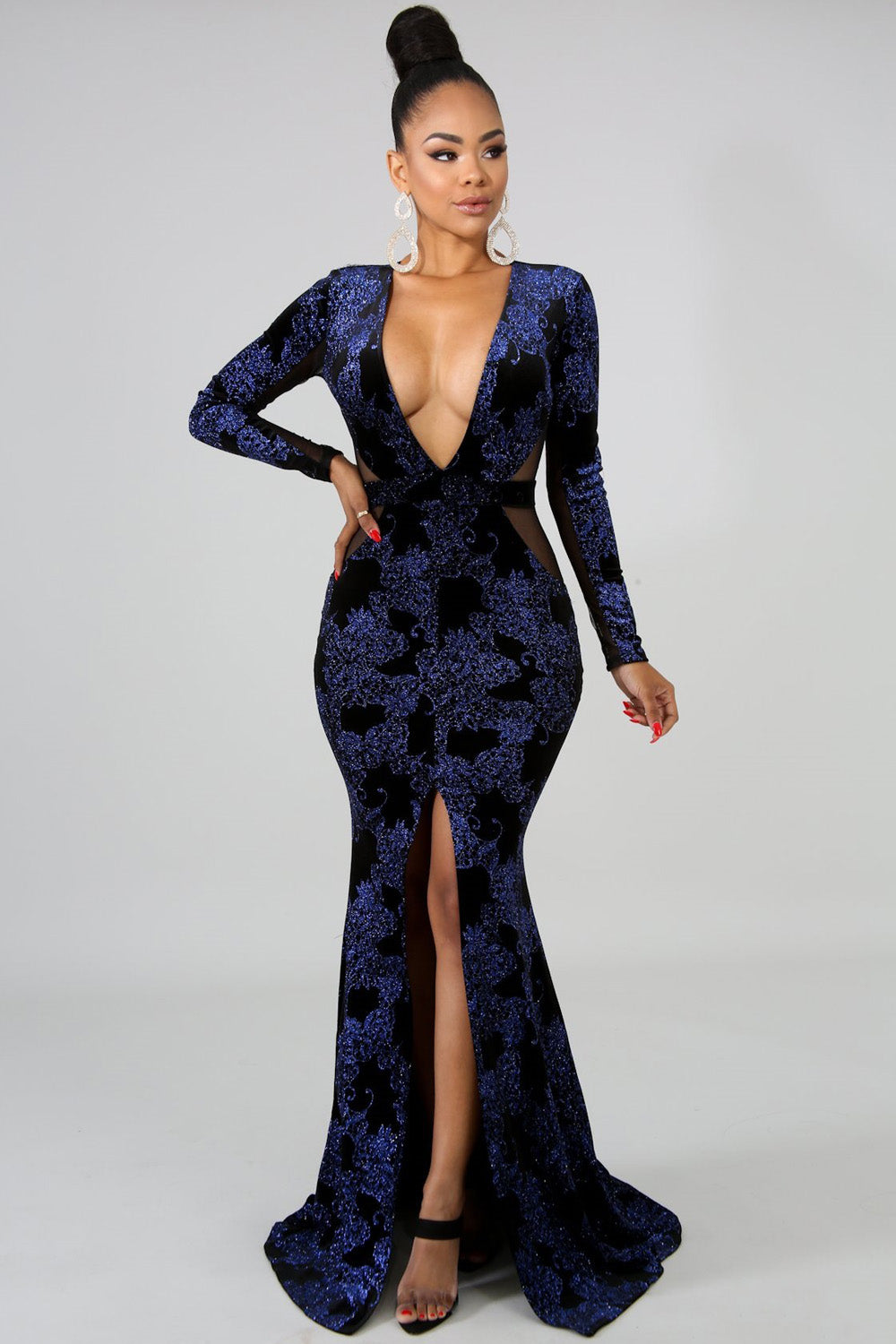 goPals full length navy velvet gown with plunging neckline and open back. 