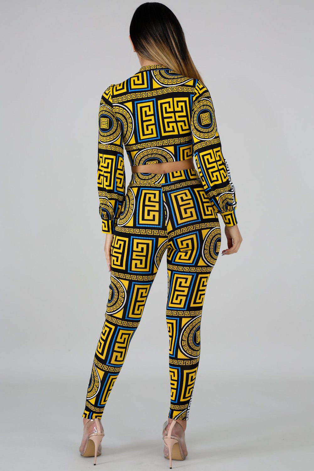 goPals 2 piece yellow print set with long sleeve crop top and legging pants. 